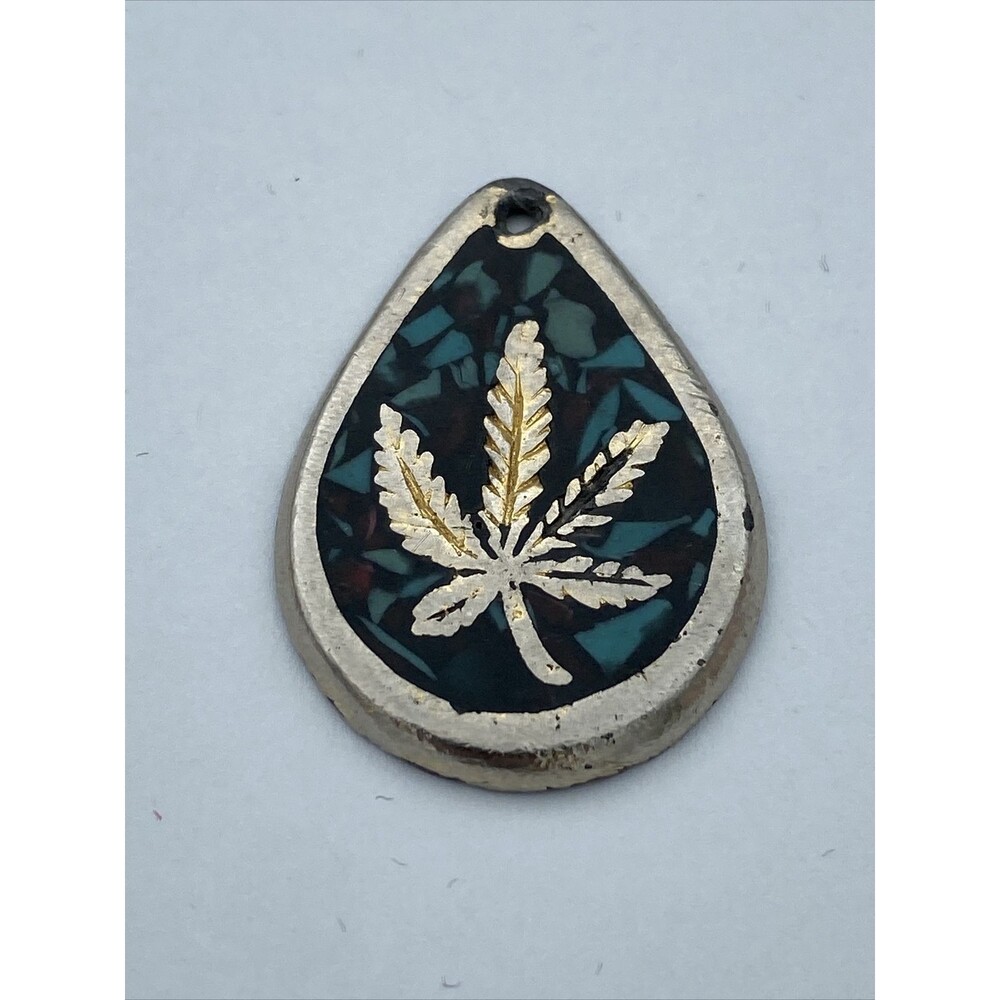 Vintage Inlaid Turquoise Chip and Silver Marjuana Leaf Pendant